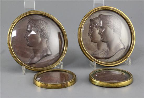 A pair of 19th century French bronze plaques, depicting Napoleon and Napoleon and Josephine by Andrieu, 3in.